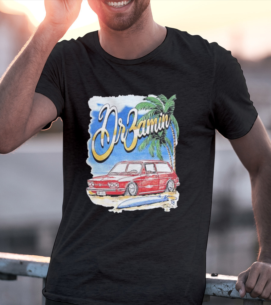 DrZamin Red Car Tropical Beach Scene With Palm Trees Surfboard T-Shirt