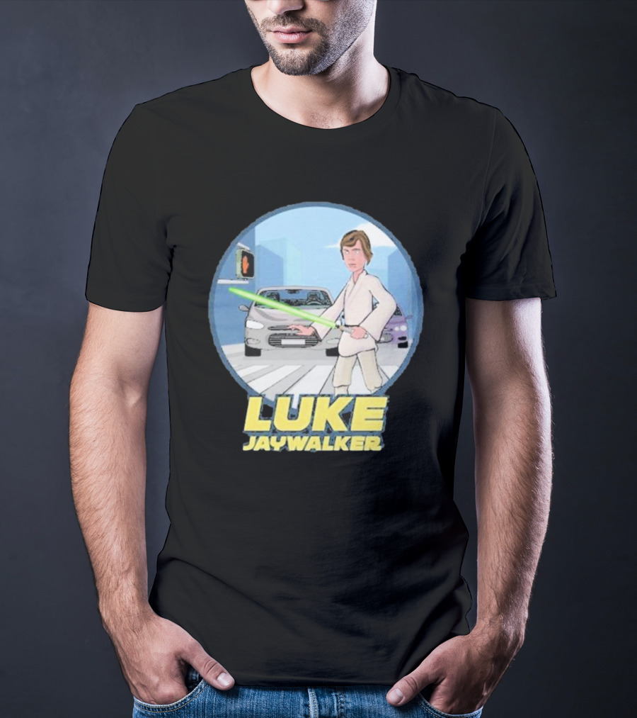 LUKE JAYWALKER CROSSING WITH LIGHTSABER AND TRAFFIC CARS T-Shirt