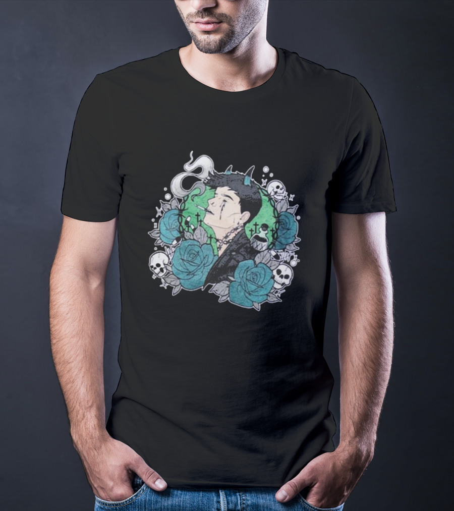 Costee Vampyyri Gothic Blue Roses And Skulls With Vampire And Smoke T-Shirt
