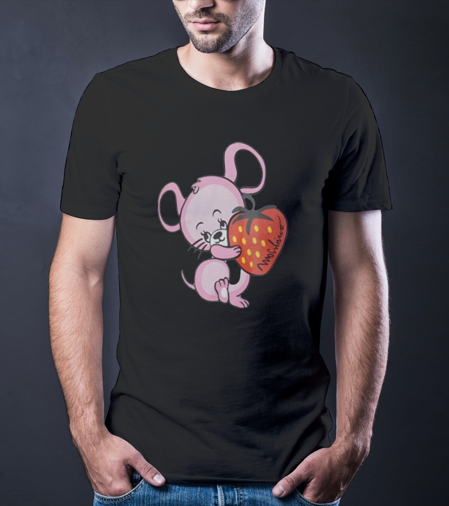 Cute Pink Mouse Hugging Strawberry Moschino T-Shirt
