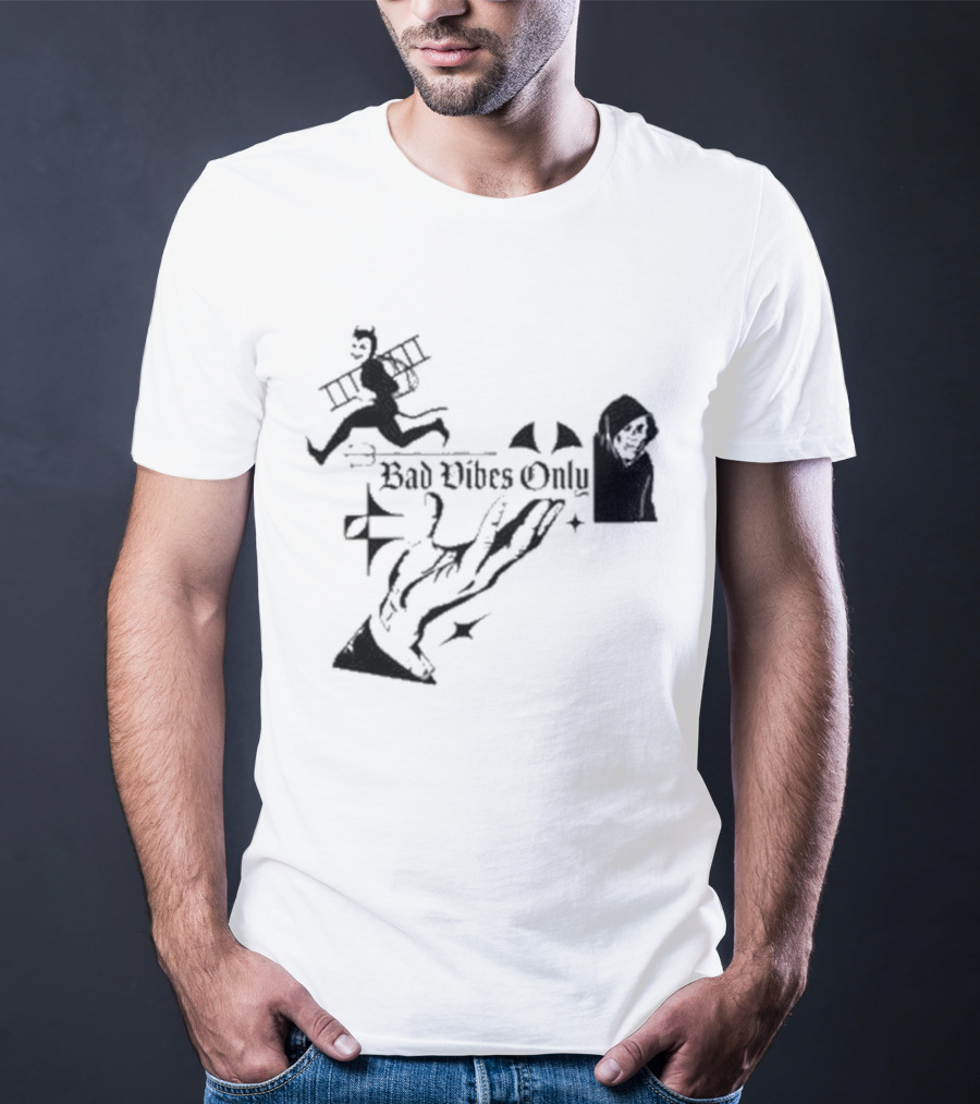 Bad Vibes Only Devil Ladder Grim Reaper Hand Gesture T-Shirt