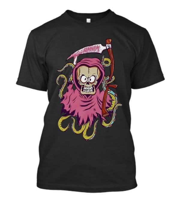 Pink Skull Hooded Grim Reaper With Scythe And Tentacles Hoppus Text T-Shirt