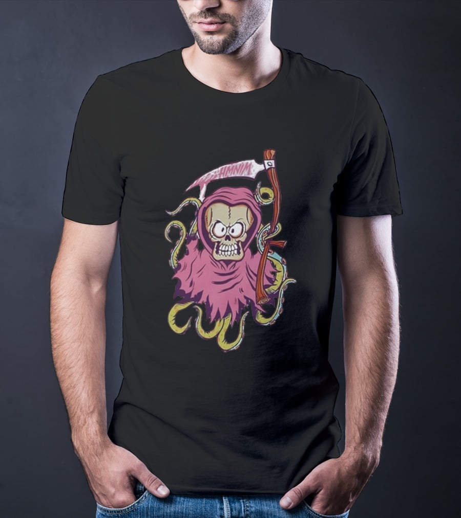 Pink Skull Hooded Grim Reaper With Scythe And Tentacles Hoppus Text T-Shirt