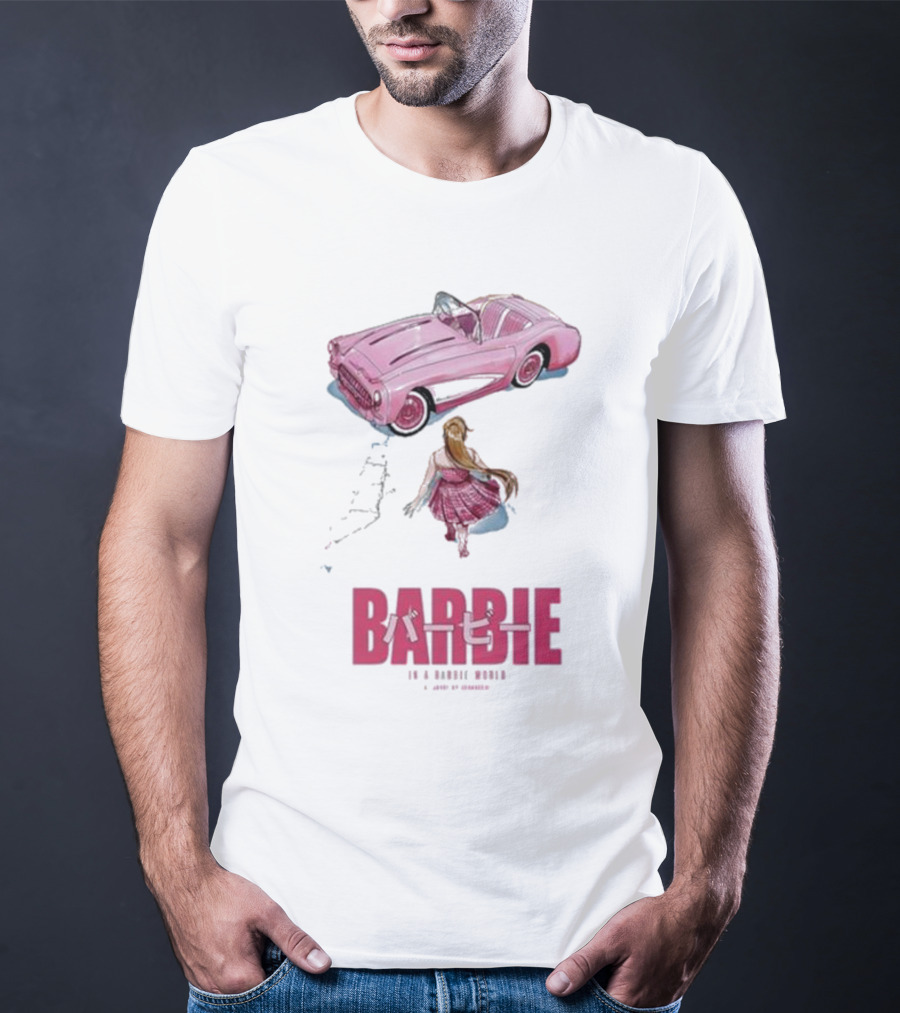 Barbie In A Barbie World Pink Car Fanart Joanacchi Japanese Text T-Shirt