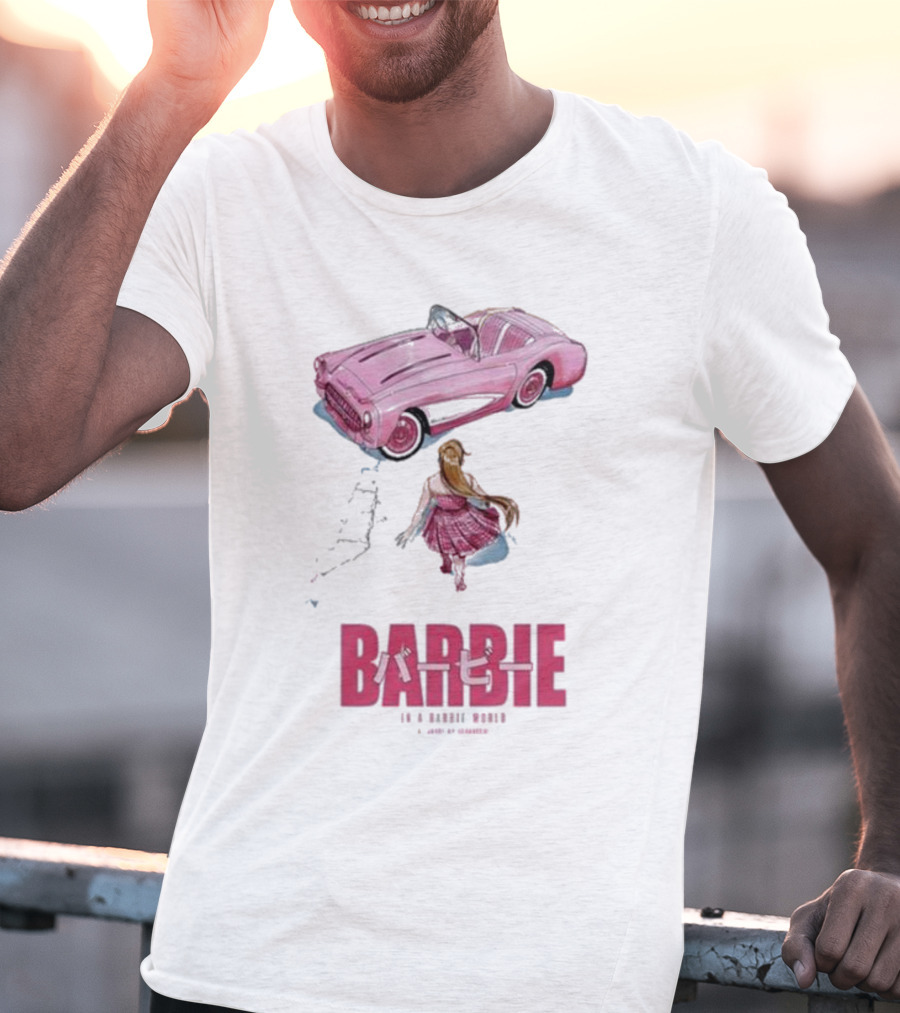 Barbie In A Barbie World Pink Car Fanart Joanacchi Japanese Text T-Shirt