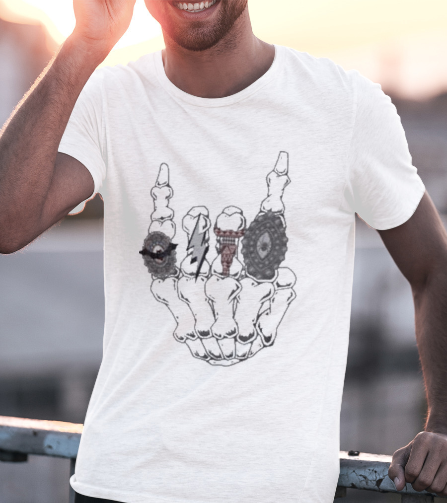 Halloween Skeleton Hand With Turquoise Rings And Colorful Gems T-Shirt