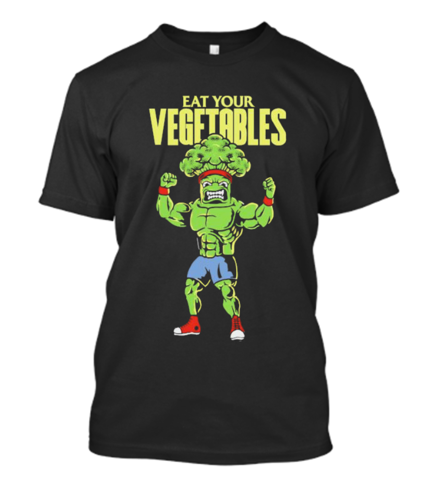 EAT YOUR VEGETABLES Broccoli Bodybuilder In Red Sneakers T-Shirt
