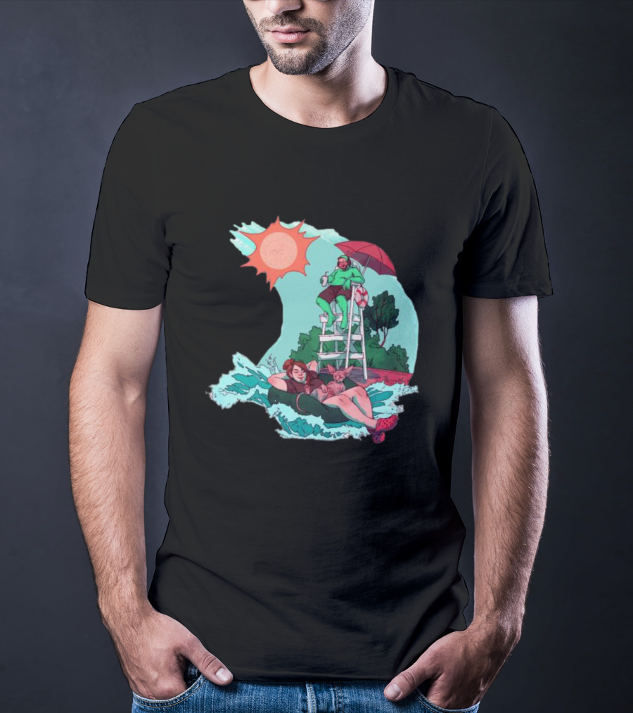 Wubby Relaxing Poolside With Lifeguard On Duty Under Vibrant Sun Umbrella T-Shirt