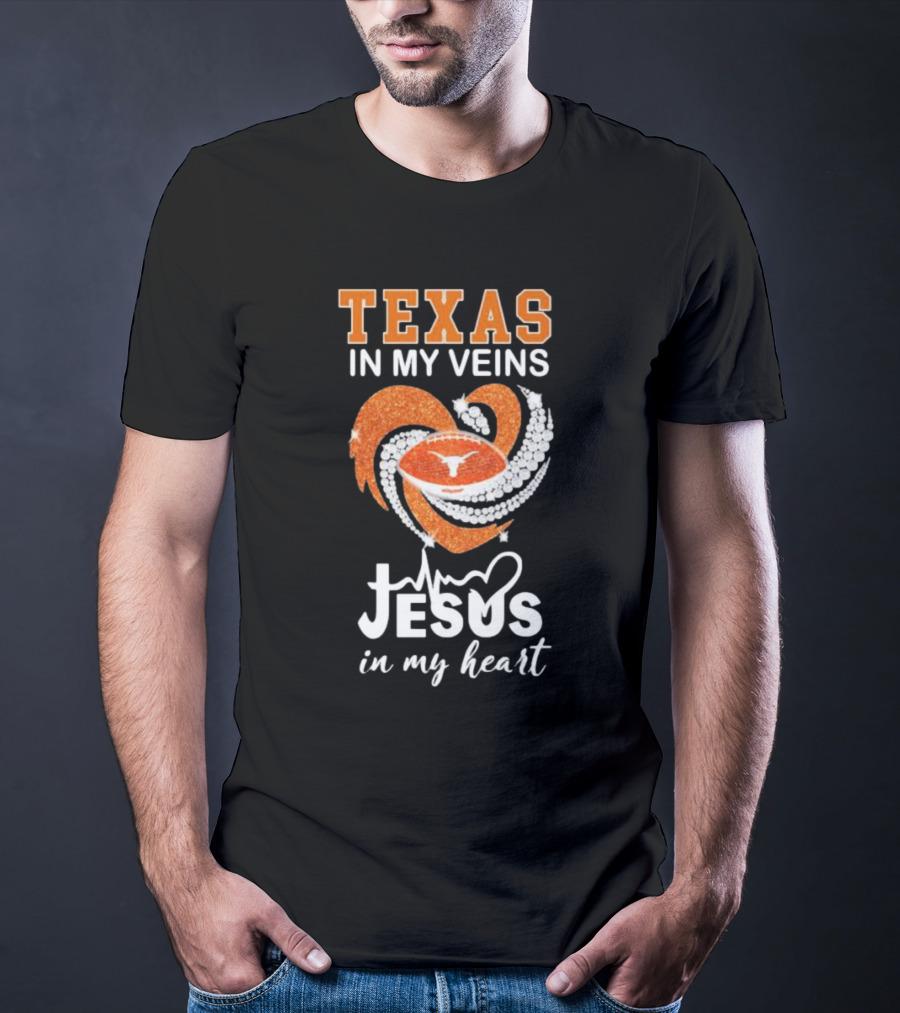 Texas In My Veins Jesus In My Heart Football Diamond T-Shirt