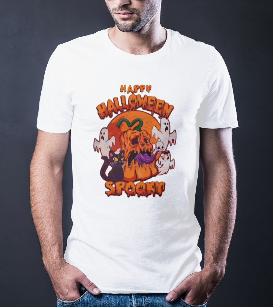 Happy Halloween Spooky Horror Pumpkin Ghosts Black Cat T-Shirt