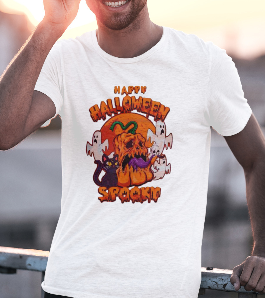 Happy Halloween Spooky Horror Pumpkin Ghosts Black Cat T-Shirt