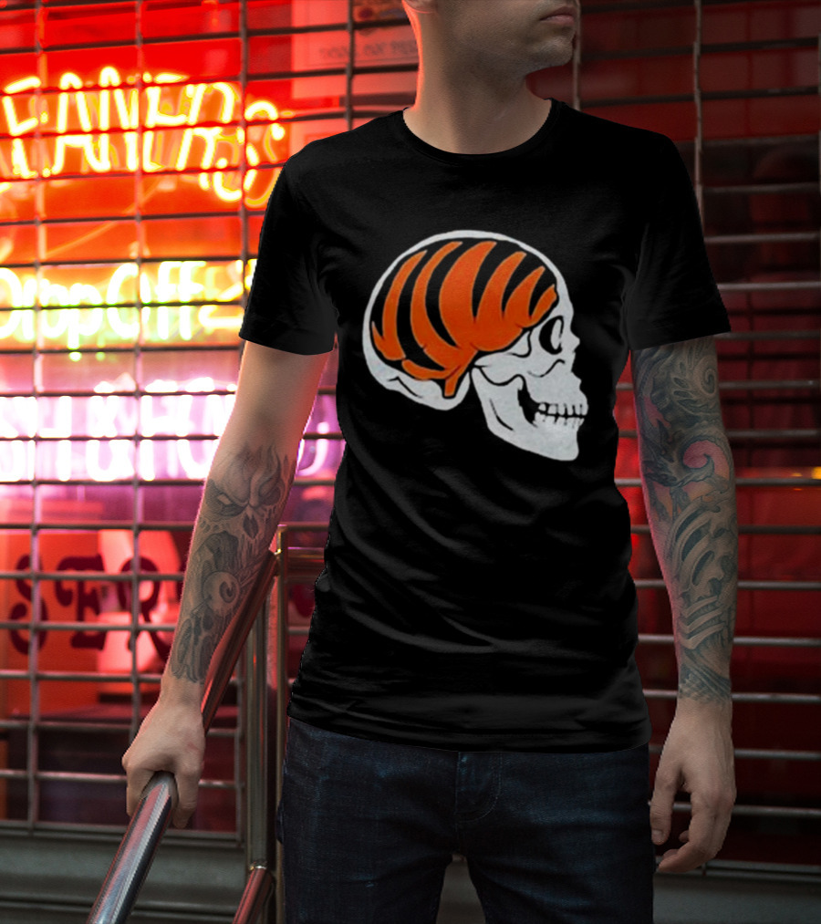 Goodberry Bengals Brain Skull With Orange Tiger Stripes T-Shirt