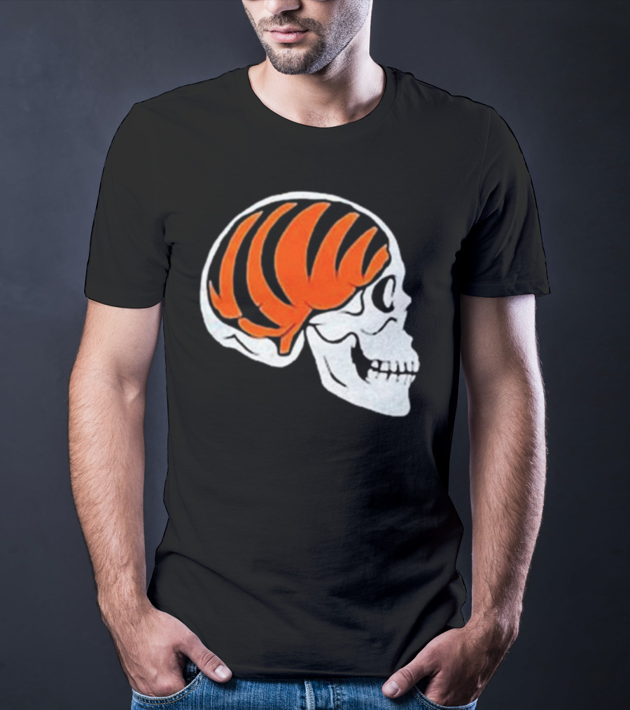 Goodberry Bengals Brain Skull With Orange Tiger Stripes T-Shirt