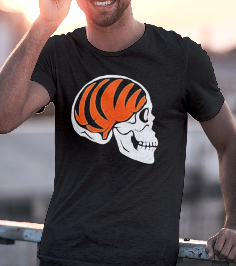 Goodberry Bengals Brain Skull With Orange Tiger Stripes T-Shirt