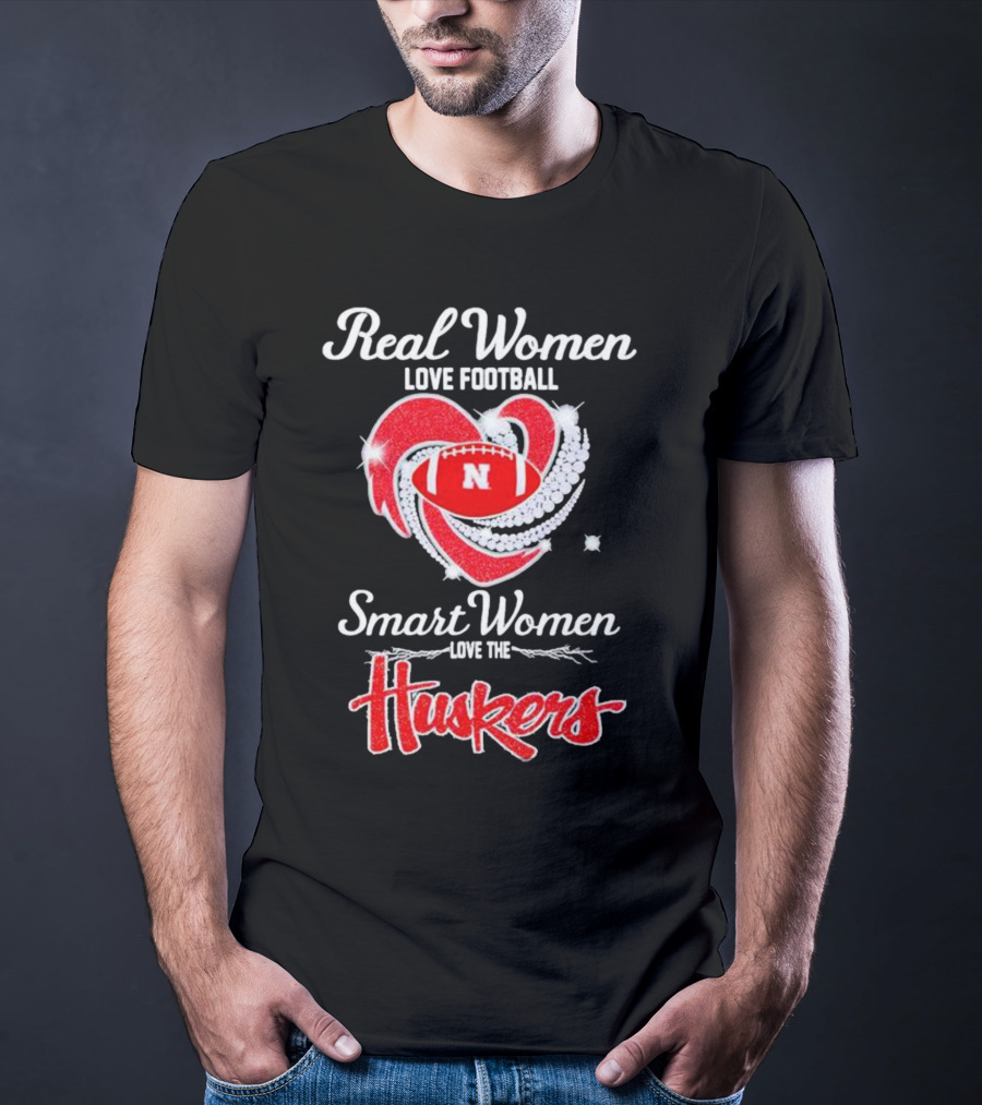 Real Women Love Football Smart Women Love The Huskers Diamond Heart Nebraska Cornhuskers T-Shirt