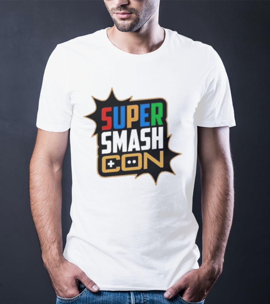 Super Smash Con Logo With Game Controller Icon Colors Burst T-Shirt