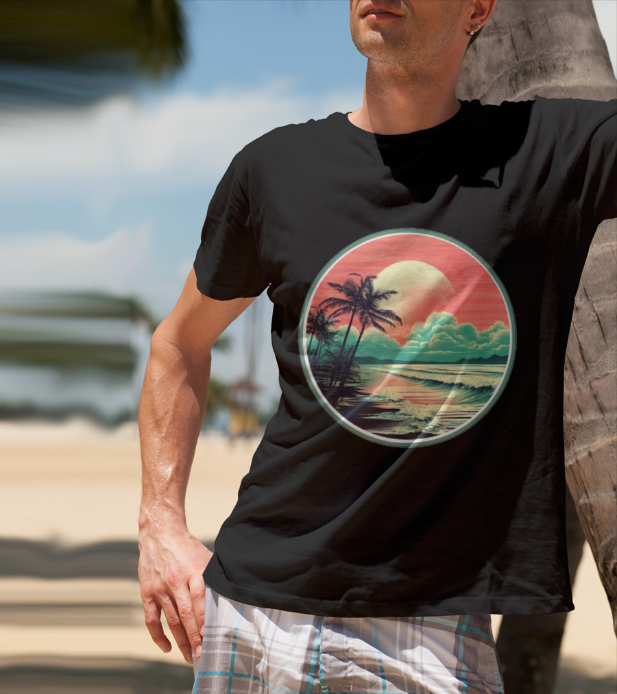 Tropical Ocean Moonscape Palms Waves Sunset Sky T-Shirt