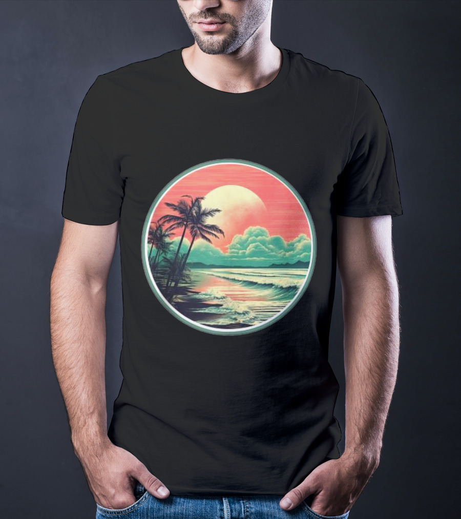 Tropical Ocean Moonscape Palms Waves Sunset Sky T-Shirt