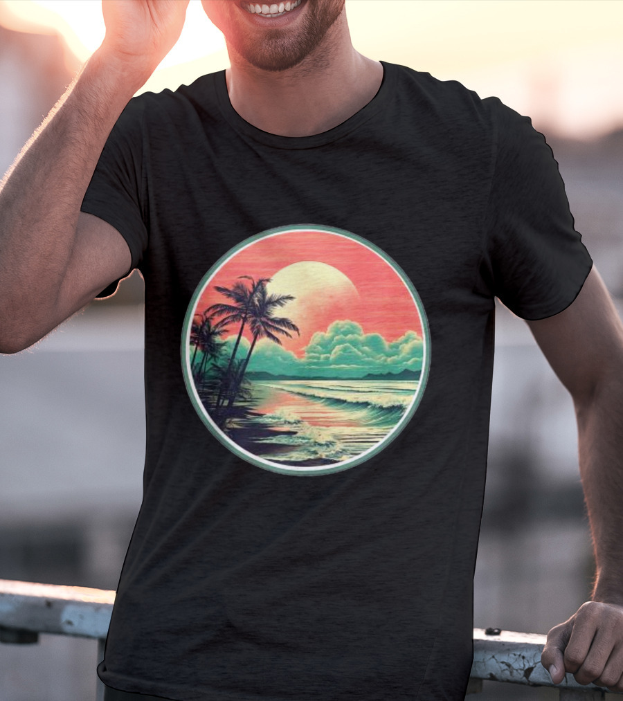 Tropical Ocean Moonscape Palms Waves Sunset Sky T-Shirt
