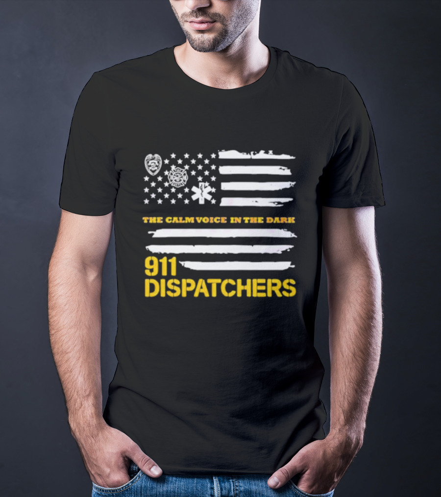911 Dispatchers The Calm Voice In The Dark With Emergency Symbols And Distressed American Flag T-Shirt