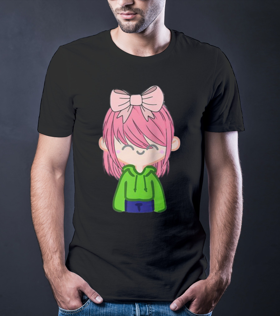 Alli Cat Pink Hair Girl Green Hoodie Bow Raglan Baseball T-Shirt