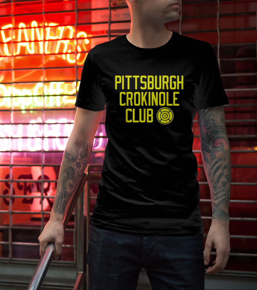 Pittsburgh Crokinole Club Yellow Text With Crokinole Disc T-Shirt