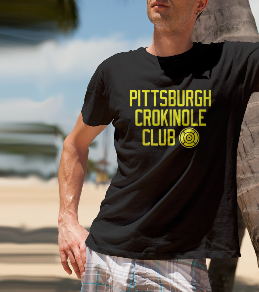 Pittsburgh Crokinole Club Yellow Text With Crokinole Disc T-Shirt
