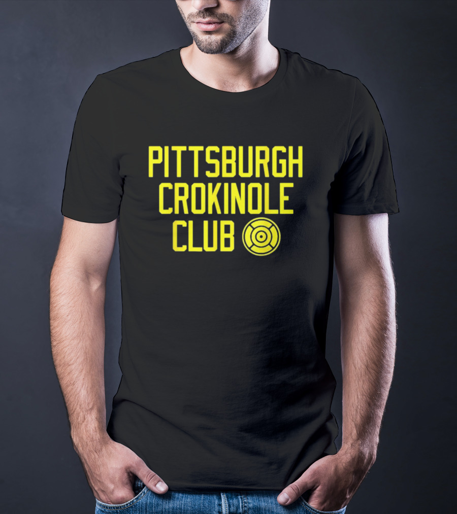 Pittsburgh Crokinole Club Yellow Text With Crokinole Disc T-Shirt