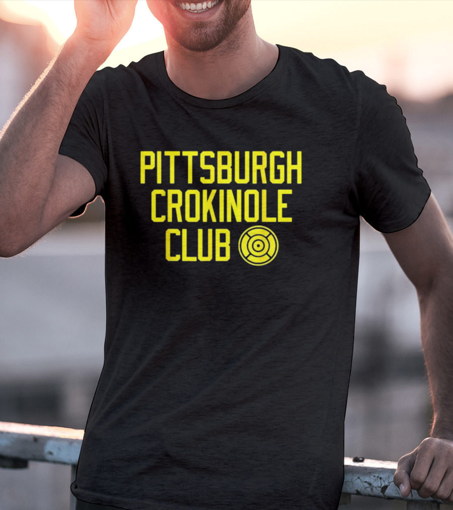 Pittsburgh Crokinole Club Yellow Text With Crokinole Disc T-Shirt