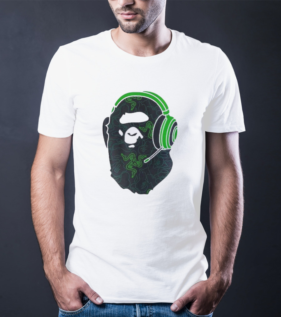 Bape X Razer Neon Camo Ape Head With Green Gaming Headset T-Shirt