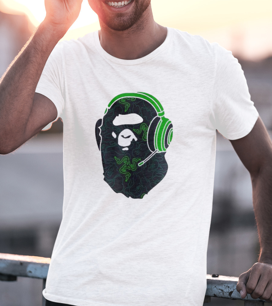 Bape X Razer Neon Camo Ape Head With Green Gaming Headset T-Shirt