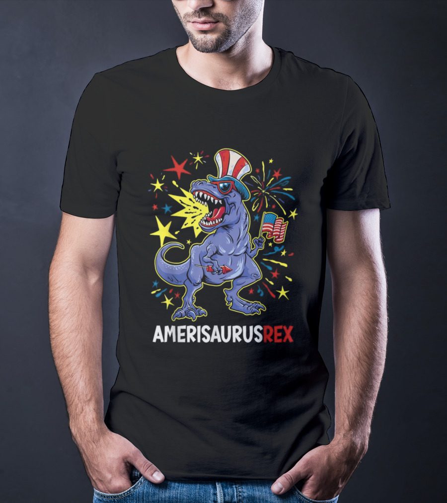 Amerisaurus Rex Patriotic Dinosaur With American Flag And Fireworks Hat T-Shirt
