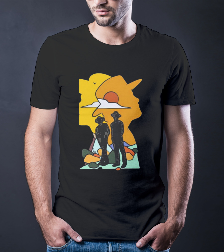 Custom Radio Company Cowboy Silhouettes Against Sunset And Mountains T-Shirt