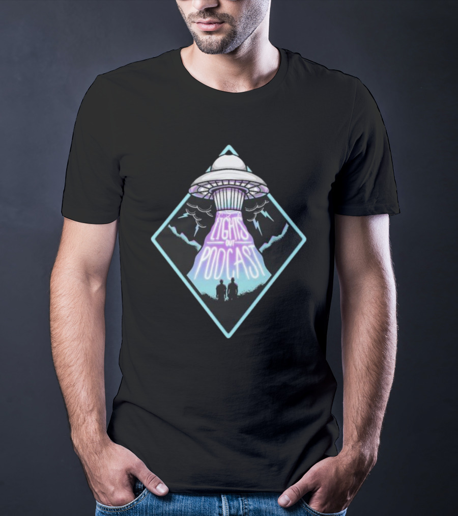 Lights Out Podcast UFO Design With Silhouette And Lightning T-Shirt
