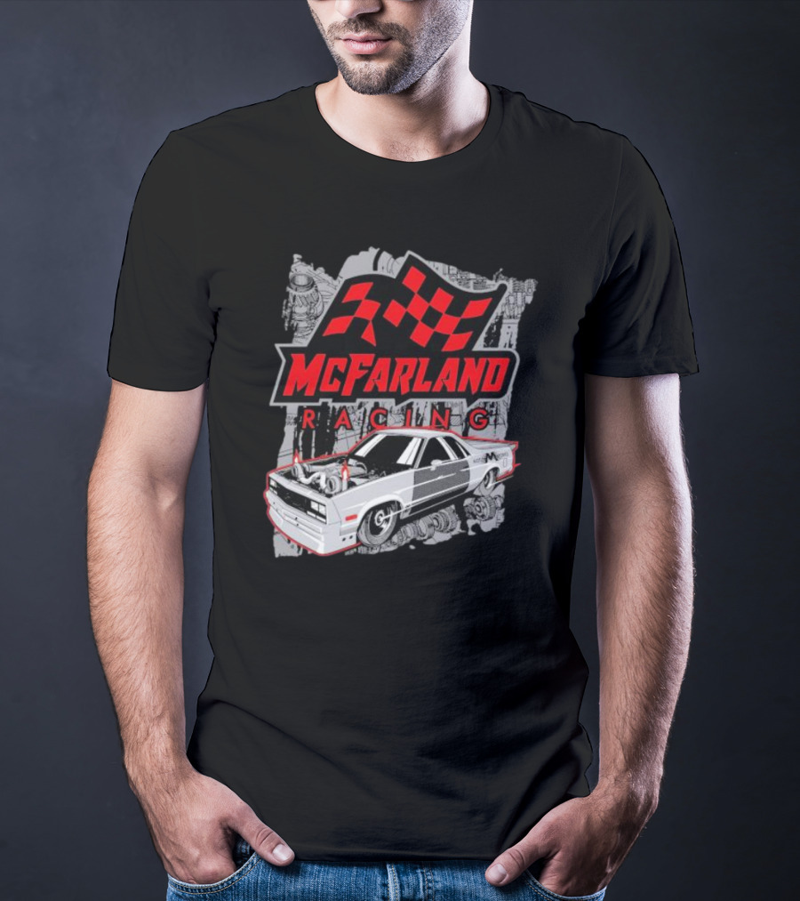 McFarland Racing Cleetus Mullet Turbocharged Car And Checkered Flag T-Shirt