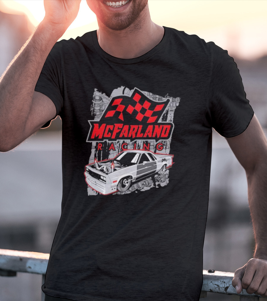 McFarland Racing Cleetus Mullet Turbocharged Car And Checkered Flag T-Shirt