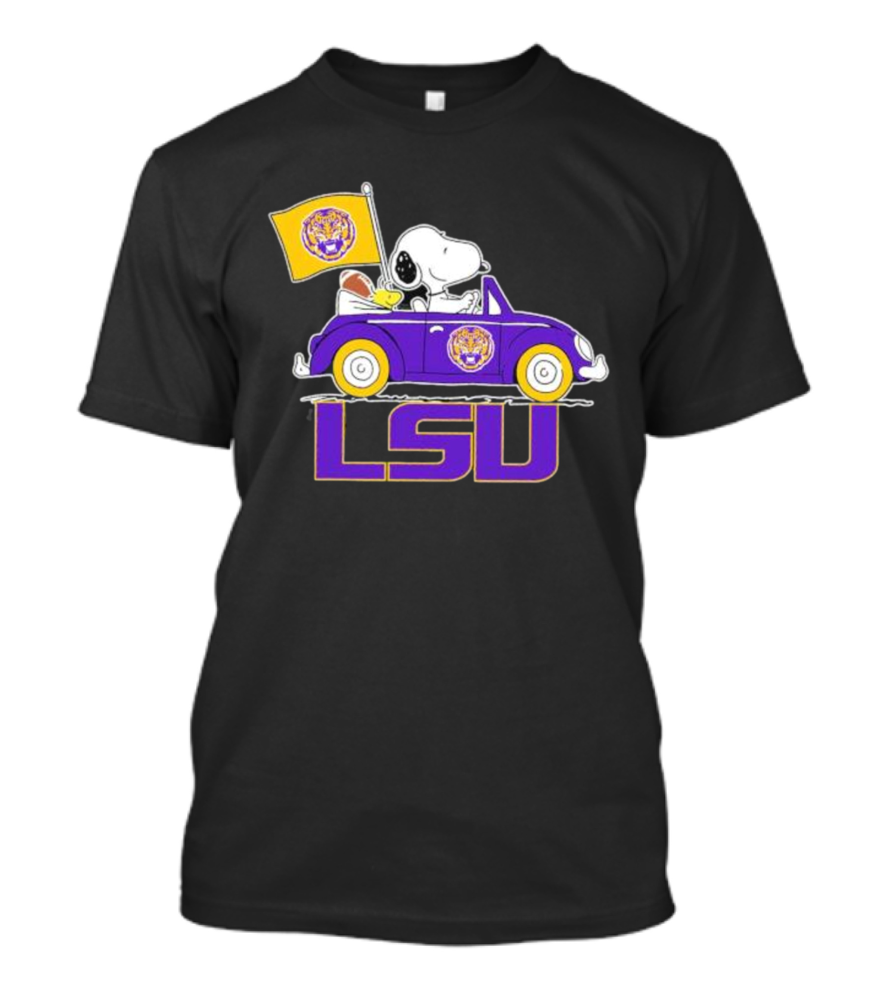 Snoopy And Woodstock Driving Purple LSU Car With Flag T-Shirt