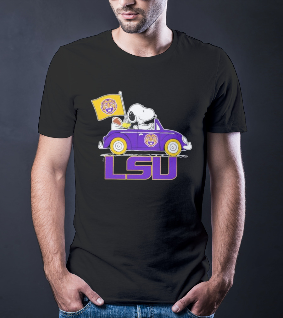 Snoopy And Woodstock Driving Purple LSU Car With Flag T-Shirt