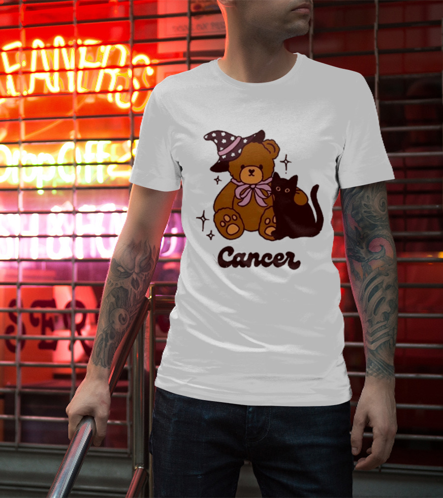 Cancer Teddy Bear With Witch Hat And Black Cat T-Shirt