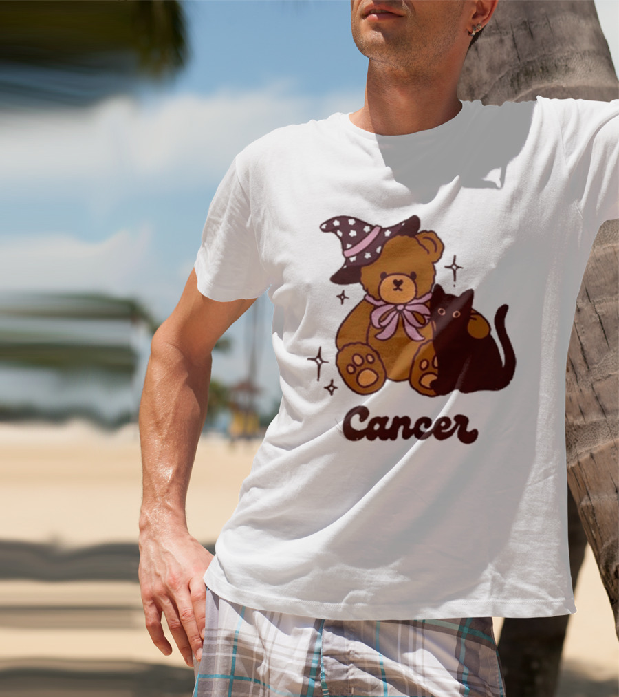 Cancer Teddy Bear With Witch Hat And Black Cat T-Shirt