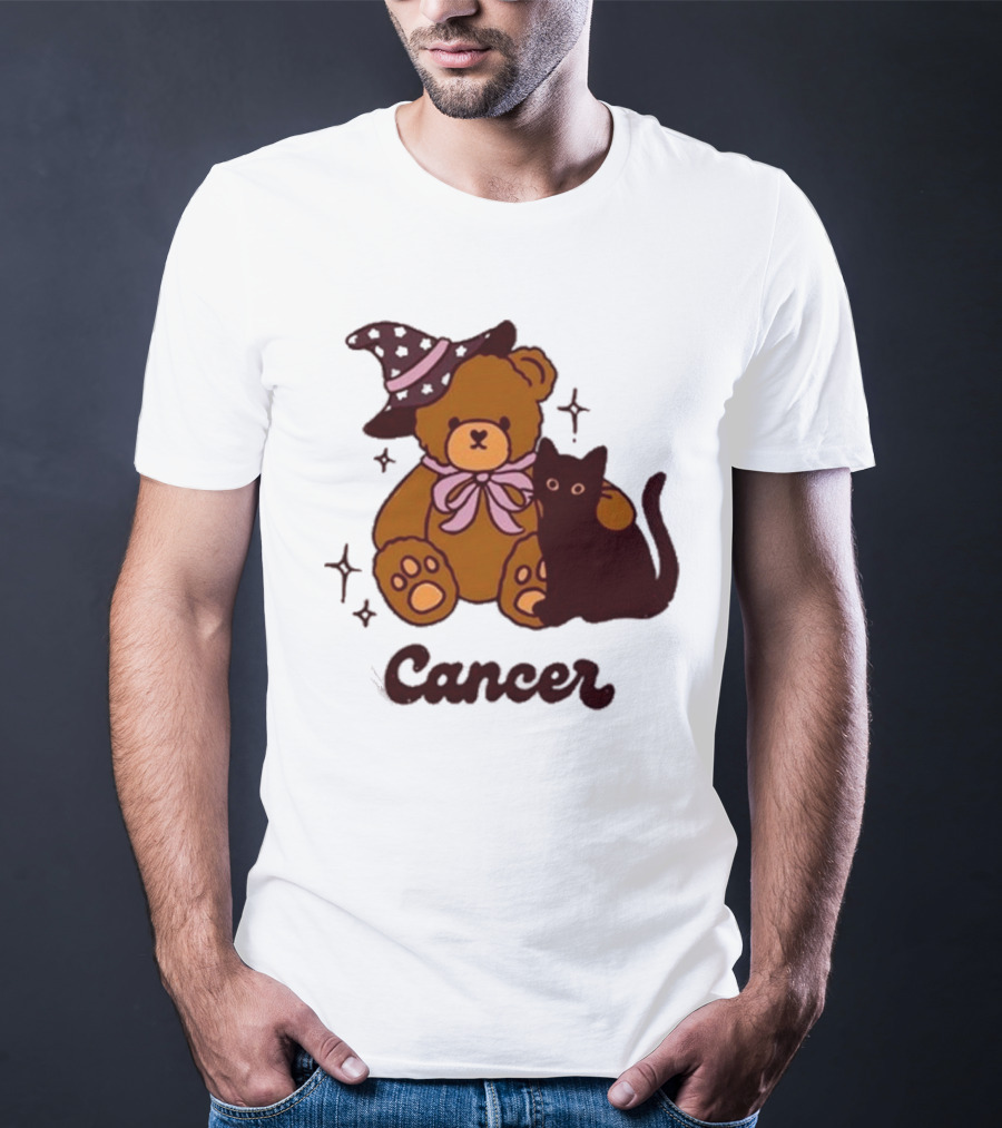 Cancer Teddy Bear With Witch Hat And Black Cat T-Shirt