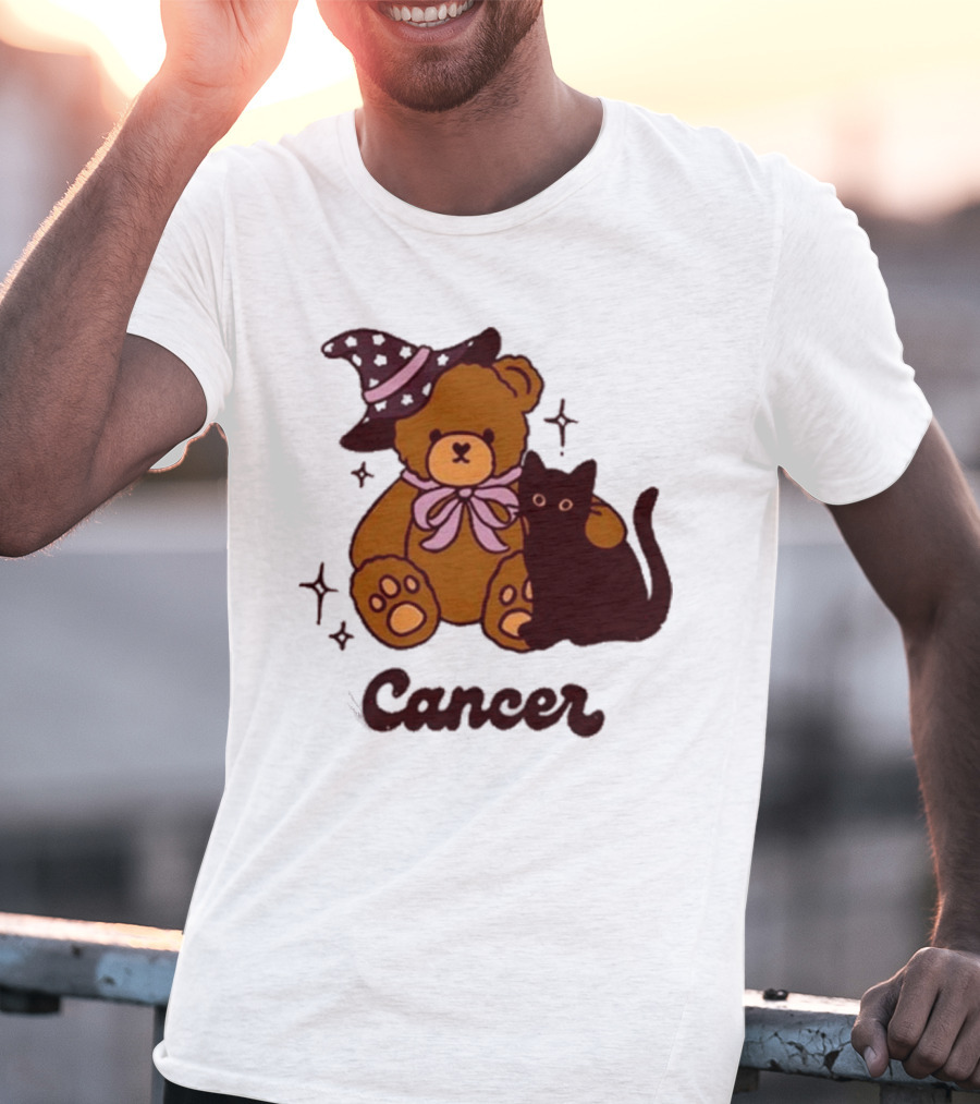 Cancer Teddy Bear With Witch Hat And Black Cat T-Shirt