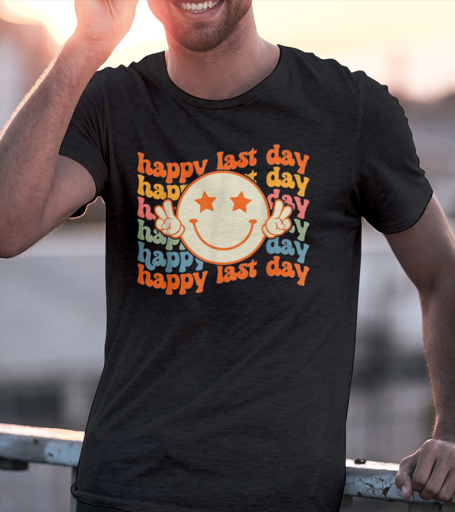 Groovy Happy Last Day Smile Face Peace Sign Teacher Student T-Shirt