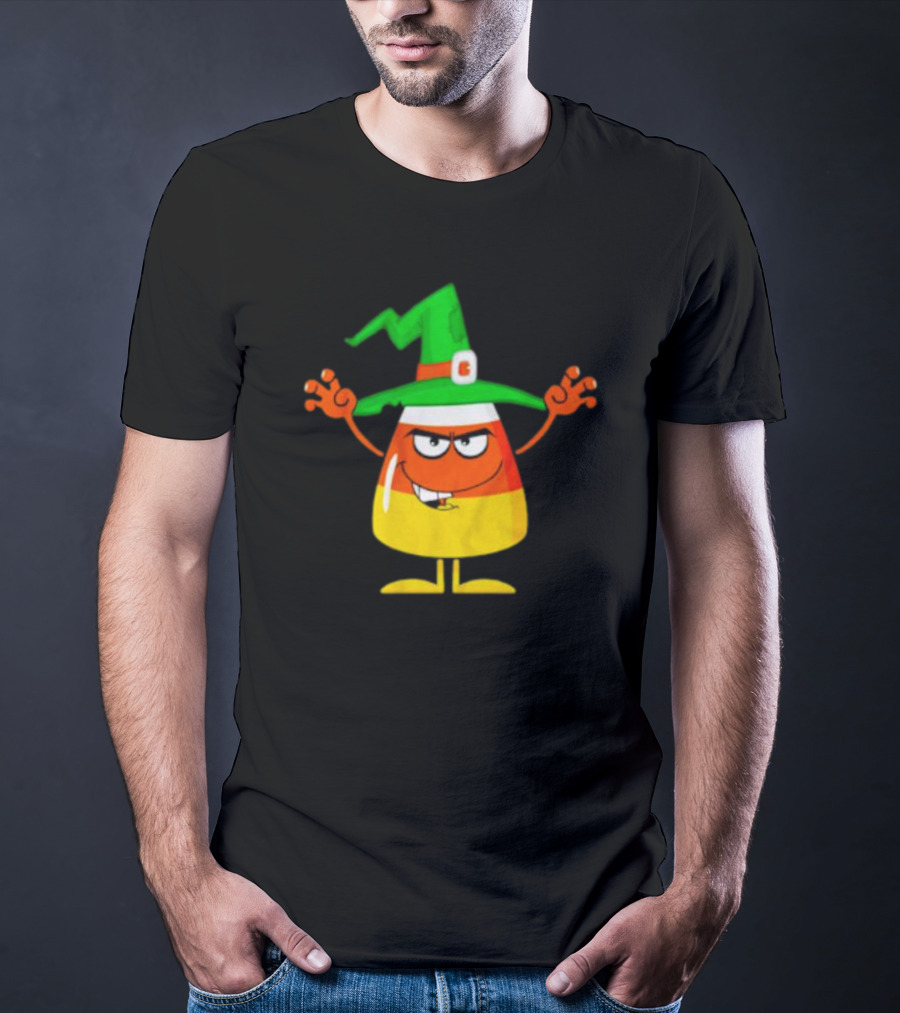 Candy Corn Witch Halloween Character With Green Hat T-Shirt