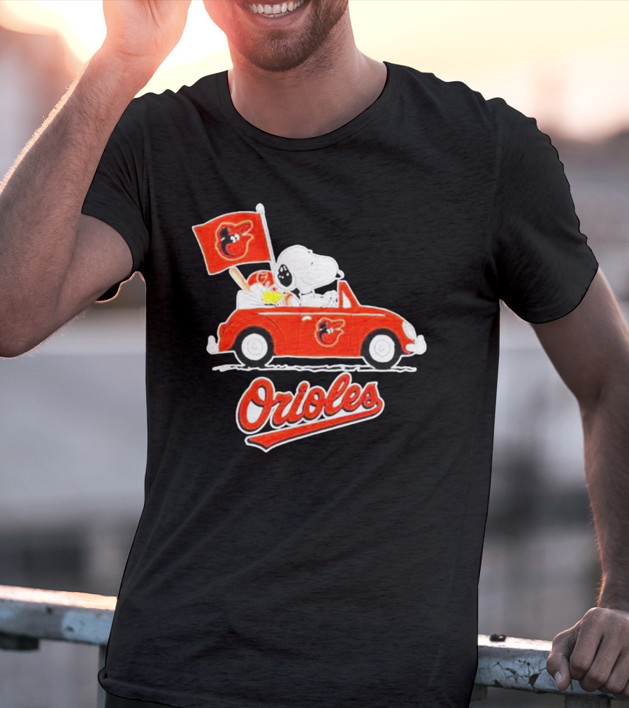 Snoopy Driving Red Car With Baltimore Orioles Flag And Orioles Text T-Shirt