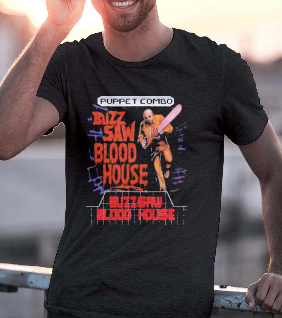 Puppet Combo Buzz Saw Blood House Horror Gamer T-Shirt