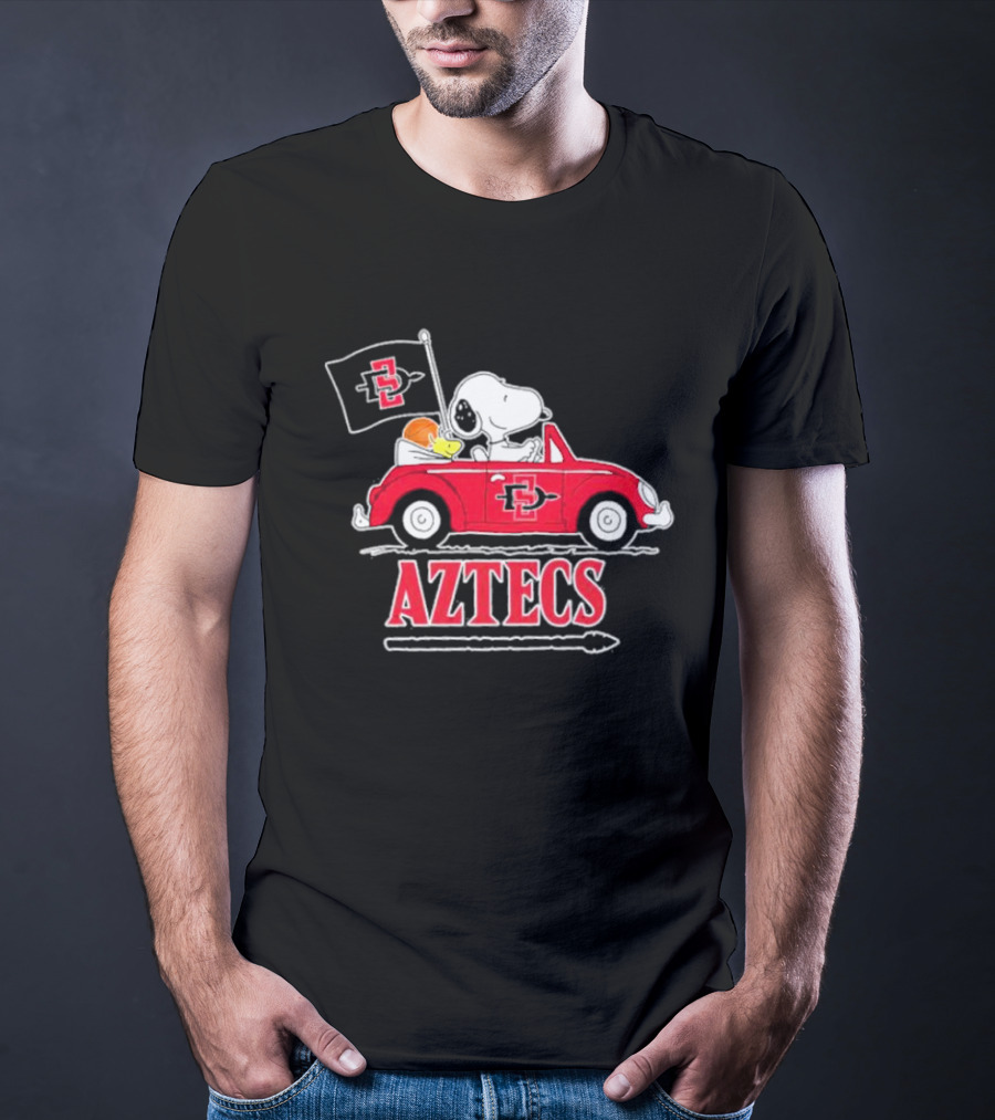 Snoopy And Woodstock Riding In Red Car With Aztecs Flag T-Shirt