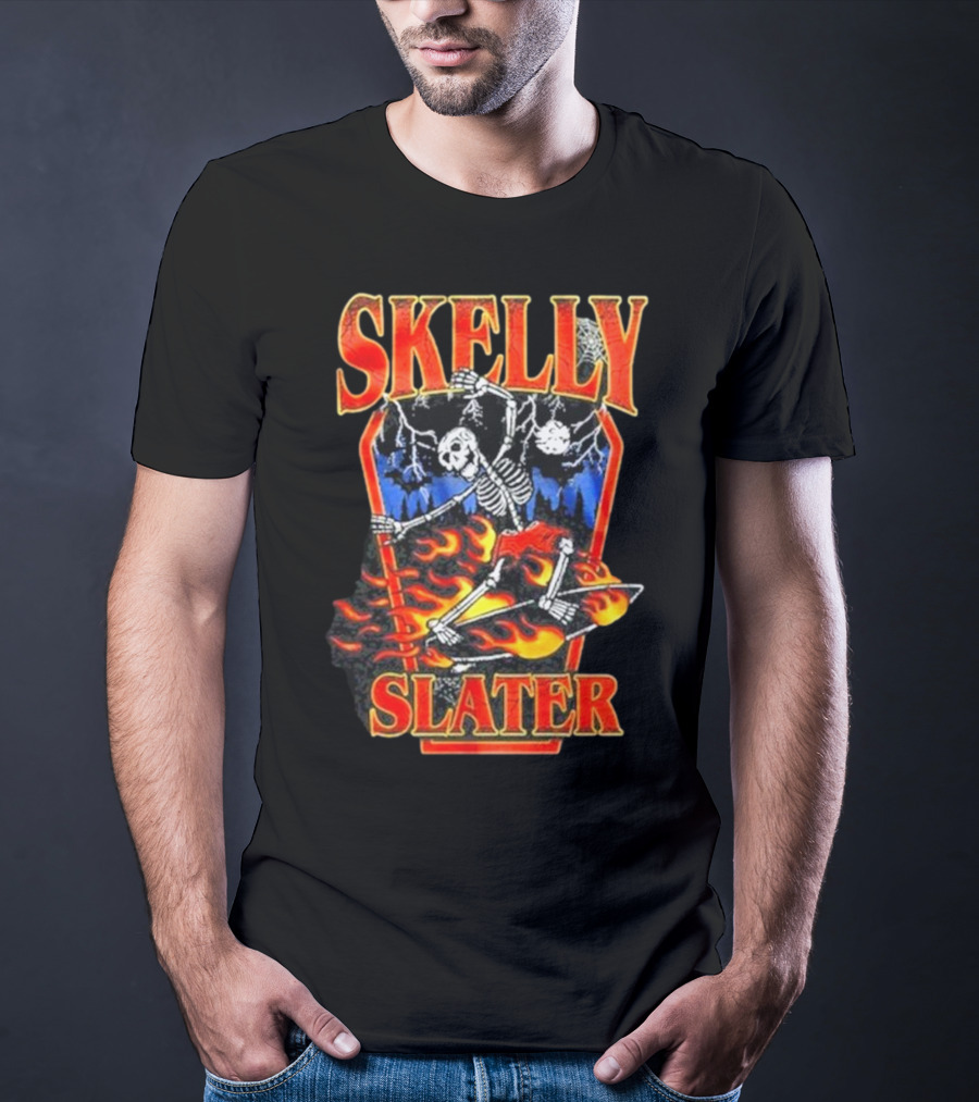 Skelly Slater Skeleton Skateboarding With Flames And Coffin Background T-Shirt