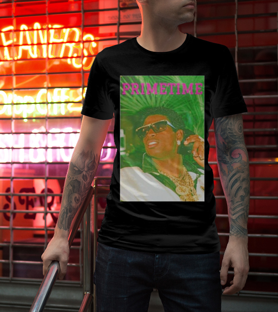 PRIMETIME Deion Sanders Sunglasses Gold Chains Retro Vibe T-Shirt