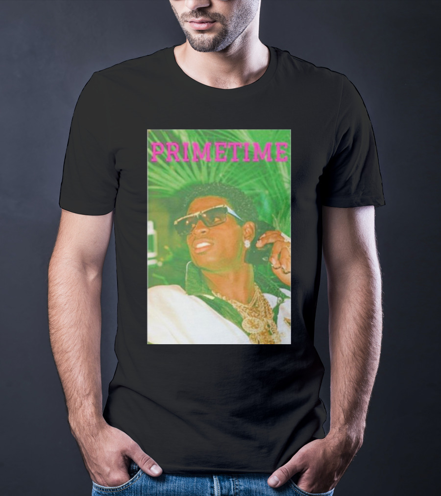 PRIMETIME Deion Sanders Sunglasses Gold Chains Retro Vibe T-Shirt